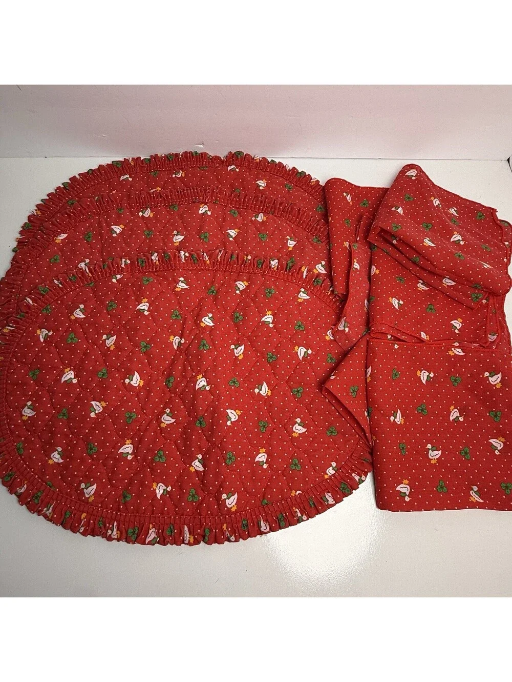 Vintage Cottage Core Red Goose Duck Theme Quilted Placemats Set Napkins Animal